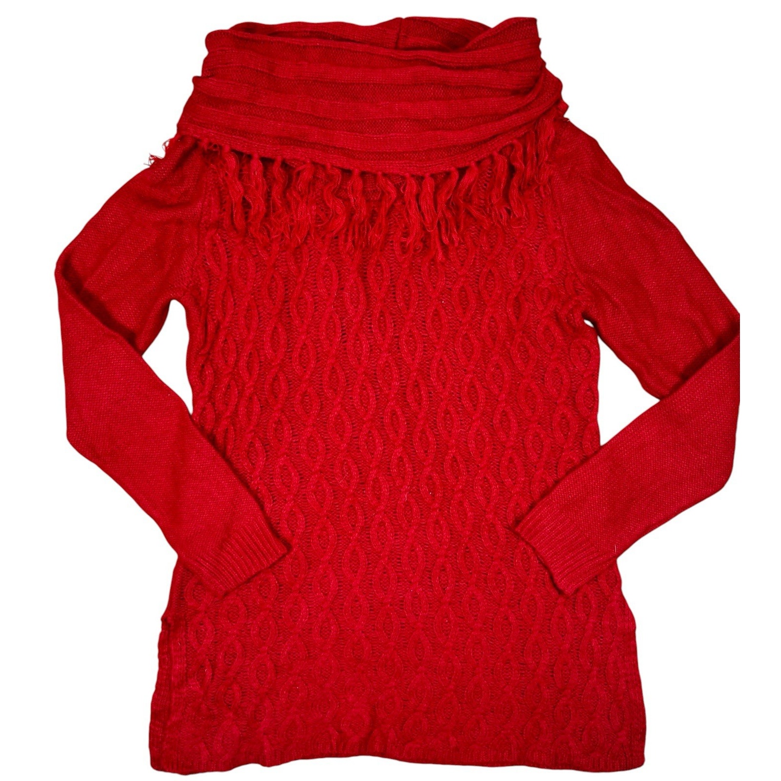New Directions Red Knit Sweater Women’s Medium Fringe Scarf Collar Cozy Winter